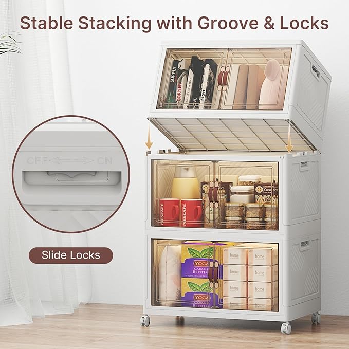 Extra Large Stackable Storage Bins, 48QT*3 Tier Storage Bins with Lids, Folding Storage box with Doors and Wheels, Collapsible Plastic Drawers for Home, Garage, Office (3, White, Medium)