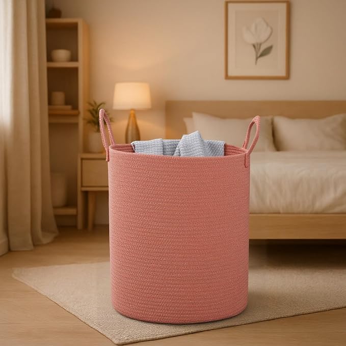 Woven Basket Nursery Laundry Hamper with Handles, Clothes Storage Organizer, Woven Basket for Boy Room Decor, Toy & Blanket Storage Bin, 15x15x18 Inch,Coral Pink,1pc
