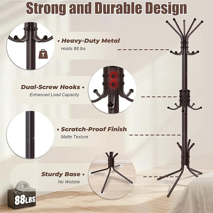 Metal Coat Rack, Freestanding Coat Tree & Hall Tree with 15 Hooks, Sturdy Coat Rack Stand and Hat Rack, Coat Hanger for Entryway, Bedroom, Office for Jackets, Hats, Bags,Brown