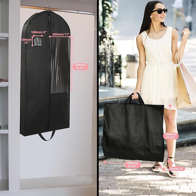 Garment Bags for Hanging Clothes and Travel with 4" Gusseted, Suit Cover for Clothes,Coats,Suit,Jackets,Dress,Shirts,Skirt. (Black-50"-Double zipper-Thickened 80G Non-woven Fabric)