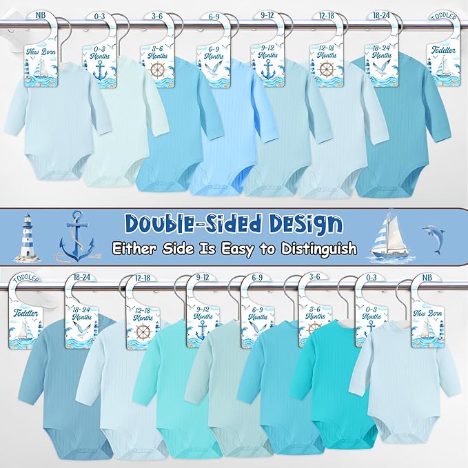 Baby Closet Dividers 8PCS, Nautical Themed Wooden Double-Sided Clothes Size Hanger/Organizer from Newborn to Toddler for Nursery Decor Baby Shower Birthday Gender Reveal Party Gift