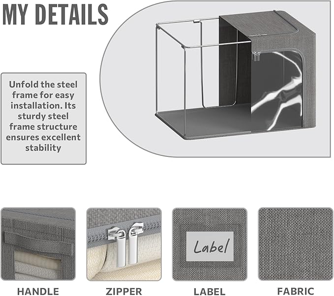 4 Pack Clothes Storage Bins with Metal Frame - 22L Stackable Storage Box with Lid，Foldable Storage Container Organizer for Clothes，Linen Fabric Storage Box with Clear Window＆Zippers＆Handles