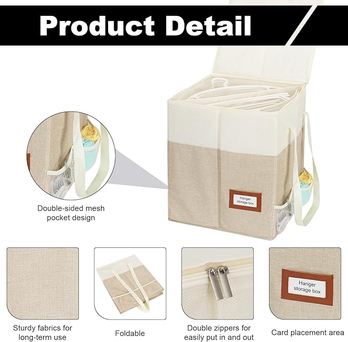 2 Pack Clothes Hanger Organizer Bag with Lid, Rigid Hanger Storage Containers,Hanger Caddy Organizer Box with Handle and Label Window Keep Closet Laundry Rooms Tidy (Beige)