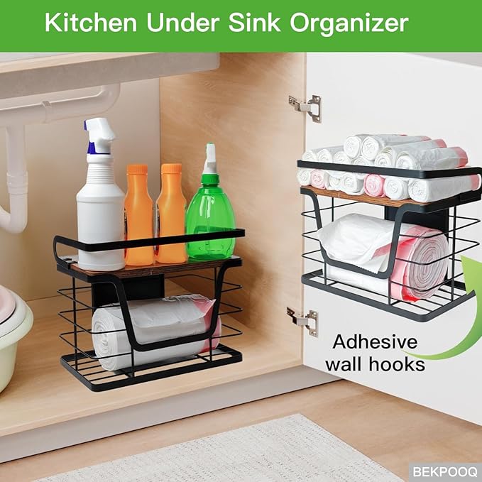 2 Pack Magnetic Trash Bag Holder, Wood Top with Guardrail, Garbage Bags, Potato and Onion Storage Bin, Magnetic&Adhesive Mount Trash Bag Dispenser for Fridge, Washer, Under Sink and RV Storage, Black