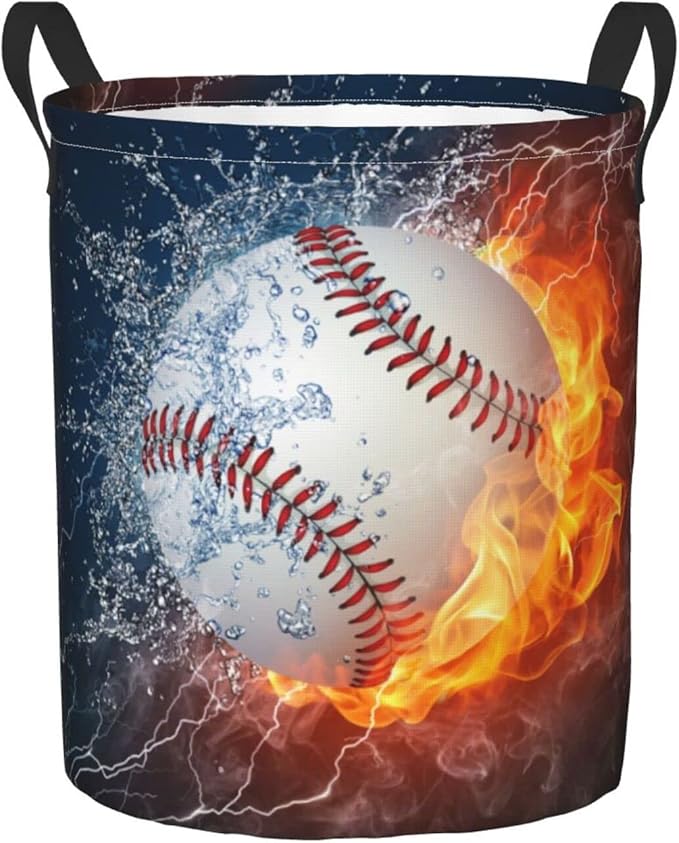 Dujiea Baseball in Fire and Water Laundry Basket Round with Handle, Collapsible Foldable Canvas Storage Bin Dirty Clothes Bag for Laundry/Toys Organizer/College Dorm/Nursery/Decor(2 Sizes)