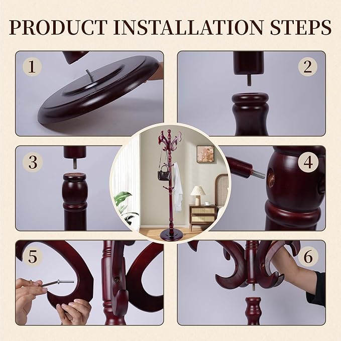 Wooden Coat Rack Freestanding, Creative Antler Hooks, Coat Hanger Stand 14 Hooks, Coat Tree Adjustable Height 73", Round Base, Coat Racks free standing for Entryway Hallway, Porch, Bedroom