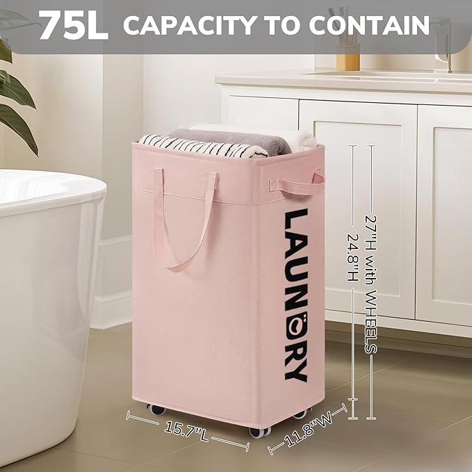 CHICVITA 2-Pack Laundry Hamper with Wheels, 75L Collapsible Laundry Basket with Removable Wash Bags, Pink Laundry Hamper for Corner Dorm, Rolling Laundry Basket on Wheels