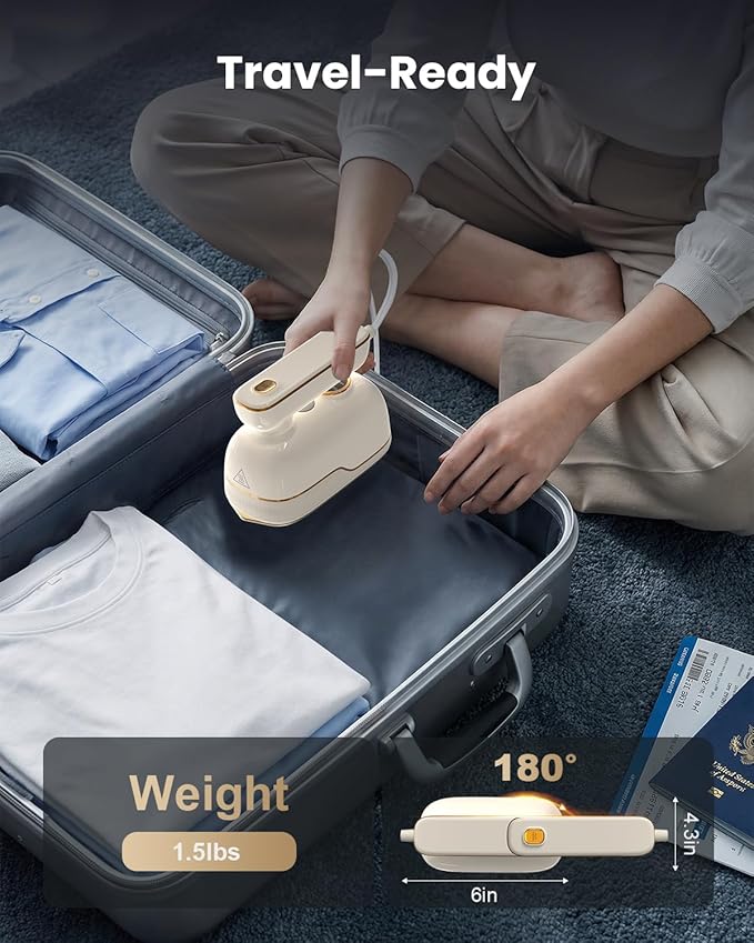 Travel Steamer Iron for Clothes, Portable Handheld Garment Steamer with 6 Smart Modes, Strong Penetrating Steam, 180° Rotatable Handle, 150ml Large Tank for Home & Travel (White)