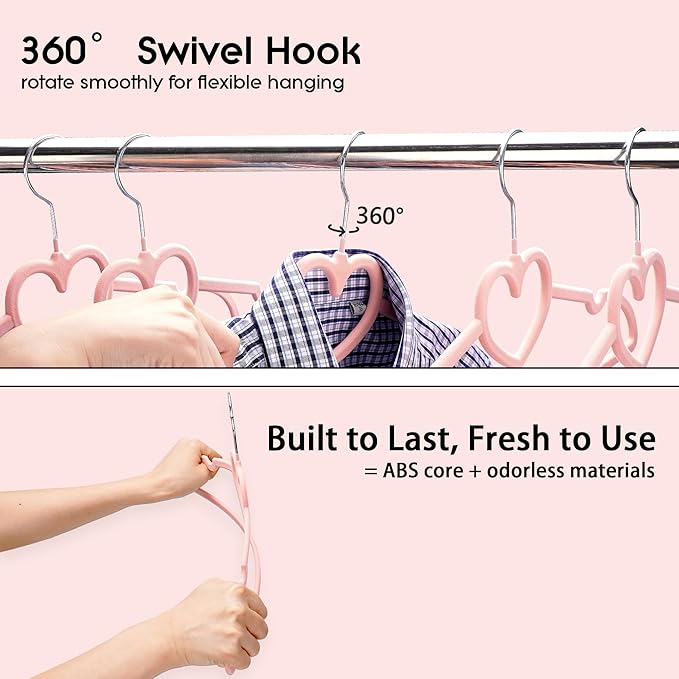 Velvet Clothes Hangers 20 Pack – 16" Non-Slip Slim ABS Hangers with 360° Swivel Hook and Heart Accent, Dry Use for Shirts, Dresses, Pants, Ties – Pink