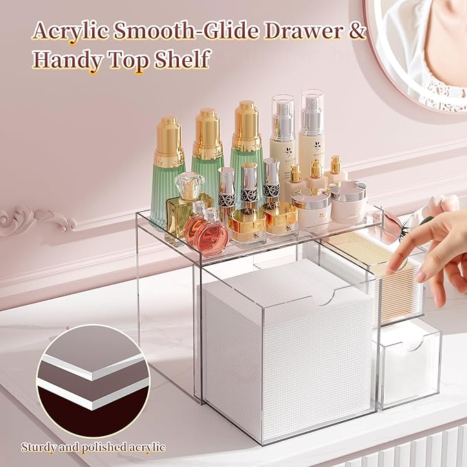 Youdepot Acrylic Face Towel Holder with Drawer – 4-Layer Disposable Face Towel Holder Organizer Box – Bathroom Countertop Storage for Cotton Pads, Swabs, and Skincare(Clear)
