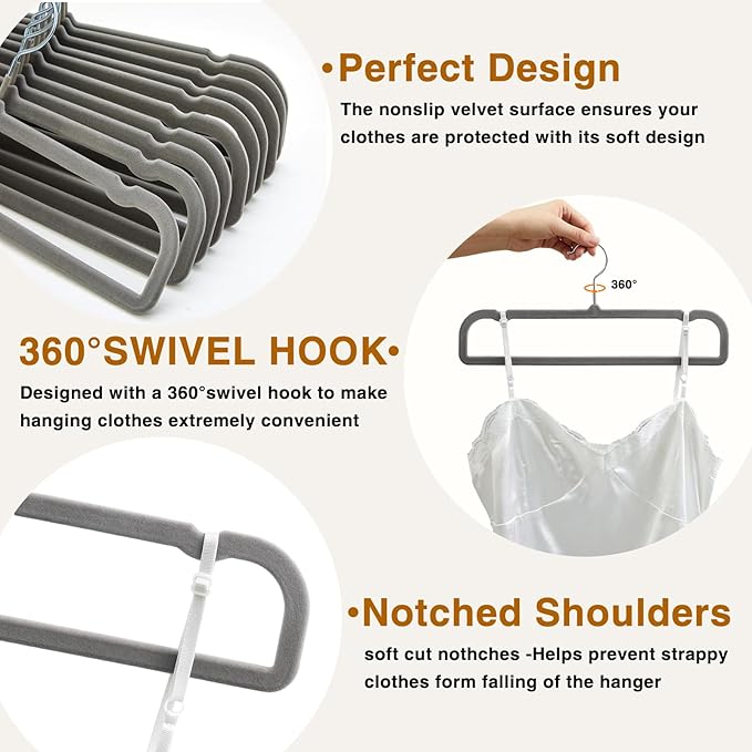 60sets/120pcs Velvet Pants Hangers Non Slip Grey Felt Hangers with 60 Cascading Hooks, Space Saving 360 Degree Swivel Hook Closet Organizer for Jeans, Trousers, Leggings, Tank Top, Shorts and Skirts