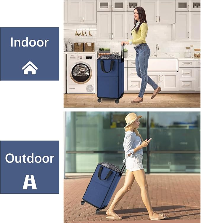 Bukere Extra Large Rolling Laundry Basket with Wheels, 90L Freestanding Collapsible Laundry Hamper Bag for Clothes Storage, Removable Wheeled Cart for College Dorm Apartment Laundry Room Bathroom