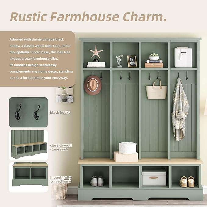 Farmhouse 59" Wide Hall Tree with 8 Hanging Hooks, Wood Grain Bench with Open Compartments, 76.7" H Entryway Shoe Rack Coat Hanger for Living Room Mudroom Hallway (Green-8.26)