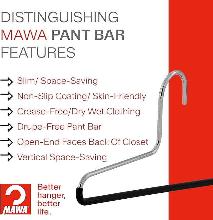 Mawa by Reston Lloyd Trouser Series Non-Slip Space-Saving Clothes Hanger with Single Rod for Pants, Style KH/1, Set of 4, White