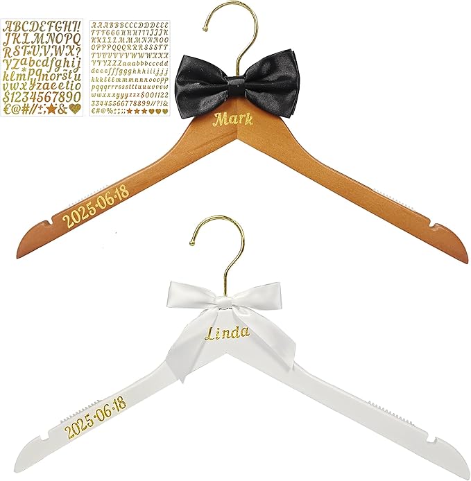 Personalized Bride Hanger for Wedding Dress Wooden Wedding Dress Hangers, DIY Your Name, Title, and Wedding Date,Set of 2(White + Vintage)