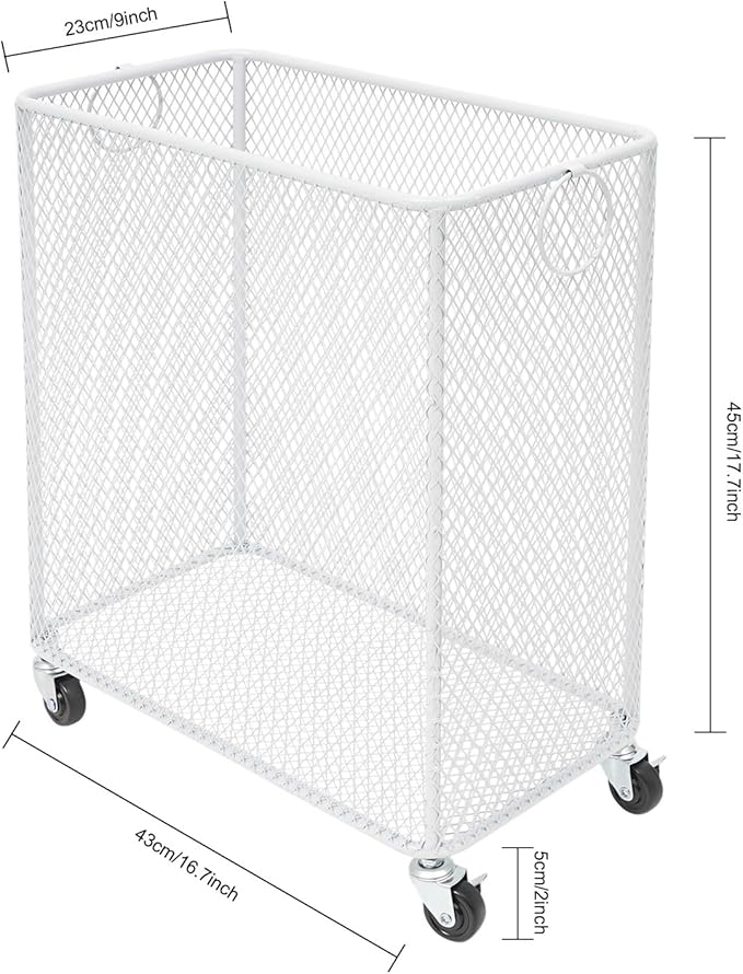 Rolling Laundry Basket Cart, Metal Laundry Hamper with Wheels, Laundry Organizer Basket Cart, Clothes Storage Organizer Hamper for Living Room,Bathroom,Closet (White, Rectangular)