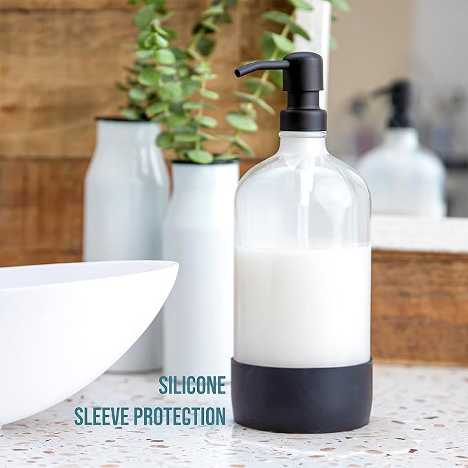 32 oz Glass Pump Bottles - Rustproof Stainless Steel Pump, Silicone Sleeves - Modern Farmhouse Vintage Design for Shampoo, Hand Soap, Lotion - Matte Black Pumps
