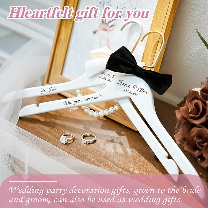 2 Pcs Personalized Wedding Hanger for Bride and Groom, Wooden Bride Hanger, Custom Mr and Mrs Hangers with Bow Tie for Tuxedo, Bridal Party Shower, Wedding Gift