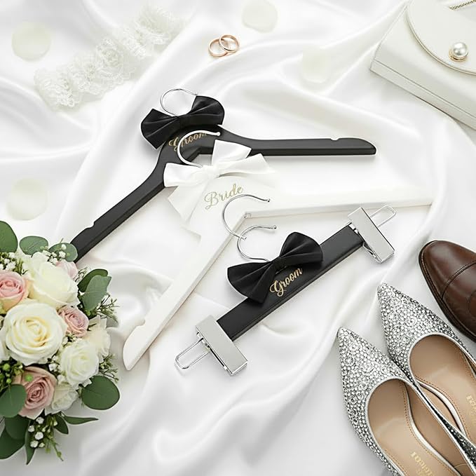 3 Pcs Bride and Groom Hangers for Dress Suit with Clips Wedding Wooden Hanger with Bow Tie for Mr and Mrs Shirt Tuxedo Suit Bridal Wedding Gift Bridesmaid Party Shower (Black,White)