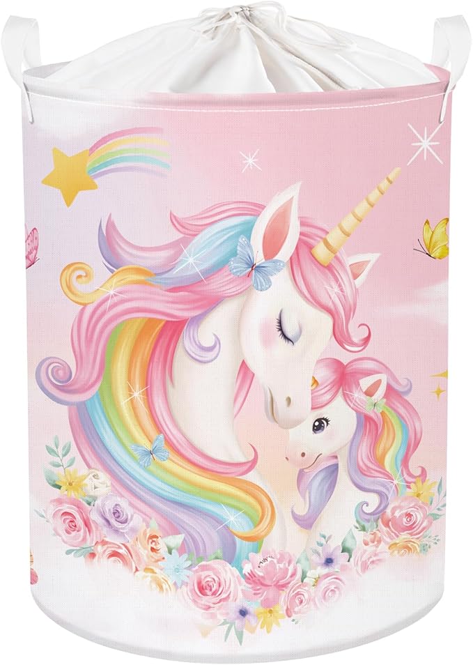 Unicorn Laundry Hamper Large Storage Basket Rainbow Clouds Collapsible Parents Organizer Kids Toy Clothes Bins for Bedroom, Bathroom, Flowers, 63L