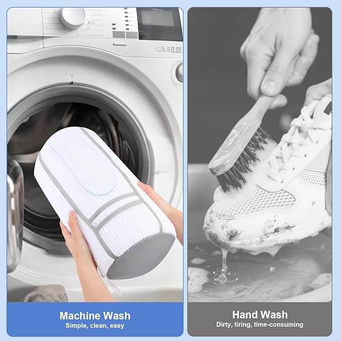 2 PCS Shoe Washing Machine Bag, Reusable L-shaped Zipper Laundry Shoe Bag for Washing Machine with Insoles Mesh Pocket for Washer and Dryer, Shoe Cleaning Bags for Sneaker Tennis Shoes