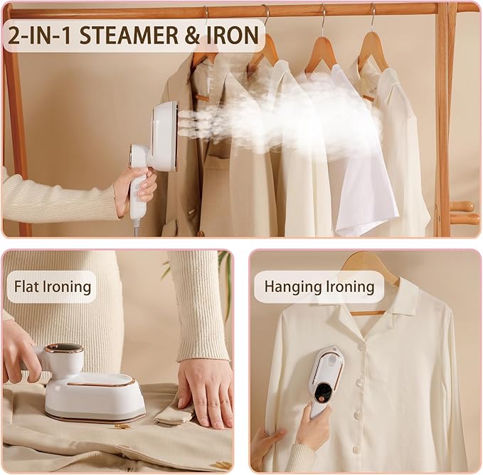 Portable Clothing Steamer, 1000W Clothing Wrinkle Remover, 3+1 Steam Adjustment Multifunctional Hanging Iron with LED Digital Display Screen, 130ml, with Water Shortage Warning, Safe Use (White)