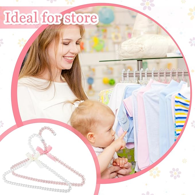 Threan White Pink 12 Pcs Pearl Beaded Clothes Hanger Mini Pearl Beads Small Metal Clothes Hangers with Ribbon Standard for Kids Baby Children Pet Dog