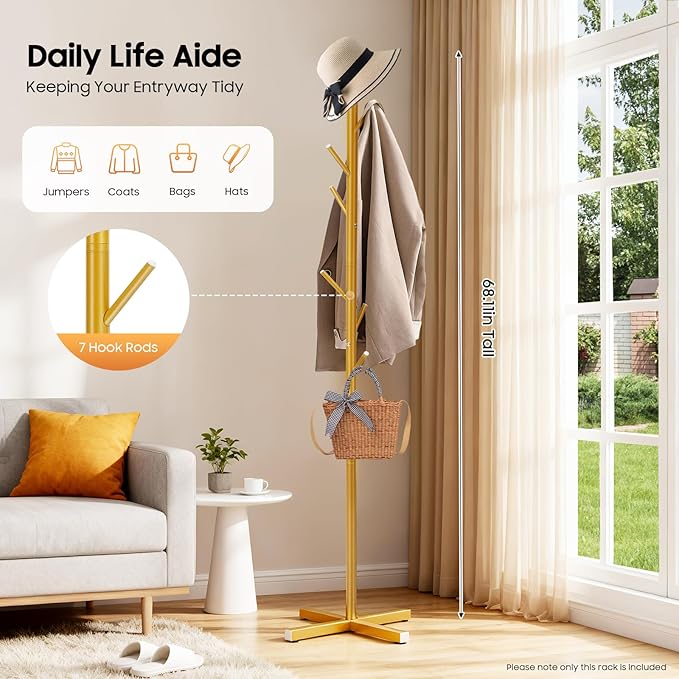 Freestanding Coat Rack, Metal Coat Tree Stand with 7 Hooks for Hanging Coats Hats Scarves Handbags in Entryway Hallway Bedroom Office