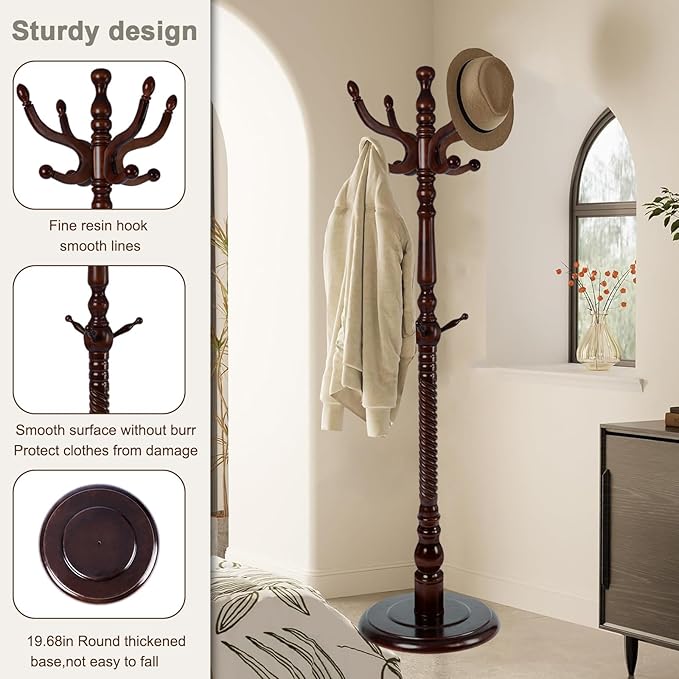 Wooden coat rack stand, Heavy duty coat racks tree freestanding with 11 Hooks and Sturdy Round Base, Coat tree for jacket,Hats, Bags, Purses, clothes (Round base-Dark brown)