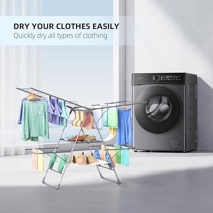 Clothes Drying Rack Foldable 2-Level Laundry Racks for Drying Clothes Rack,Stainless Steel Drying Rack Clothing Collapsible for Indoor Outdoor,with Height-Adjustable Wings (Gray- Medium)