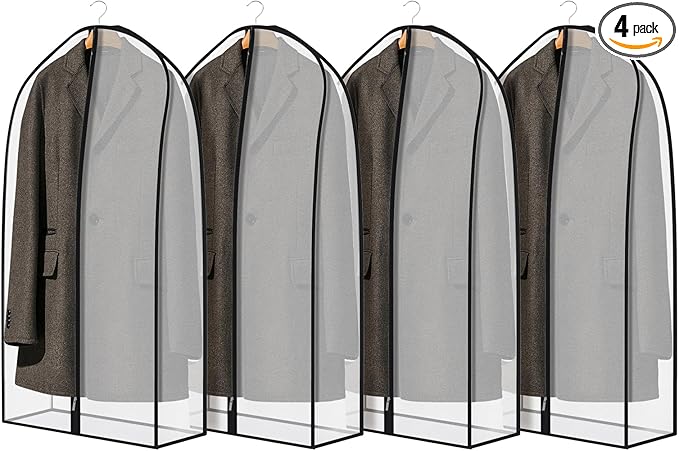 Zilink Breathable Garment Bags for Leather Coat 43” Suit Bags for Closet Storage Silky Suit Dust Covers for Hanging Clothes with 7" Gussted Wrinkle Free for Leather Clothing, Fur Coat, Dress, Set of 4