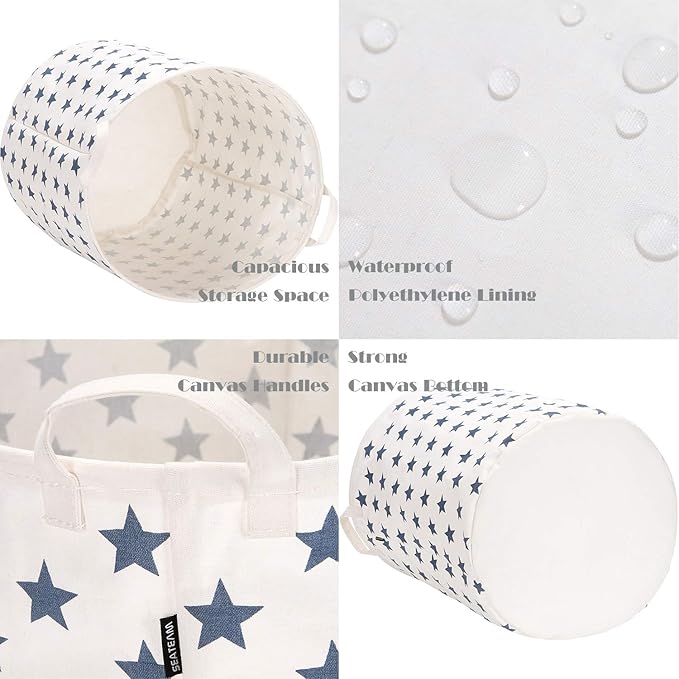 Sea Team 19.7 Inches Large Sized Waterproof Coating Ramie Cotton Fabric Folding Laundry Hamper Bucket Cylindric Burlap Canvas Storage Basket (19.7", Navy Blue Star)