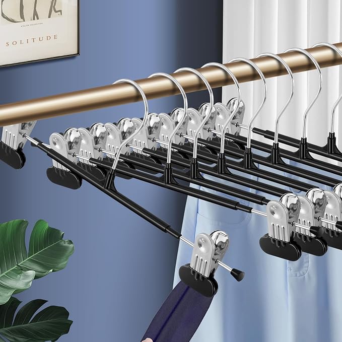 14Inch Clothes Pants Hangers with Wide Clips 10 Pack,Non-Slip Adjustable Skirt Hanger for Women,Space-Saving Heavy Duty Men Hangers for Pants,Trousers,Jeans,Shorts,Black