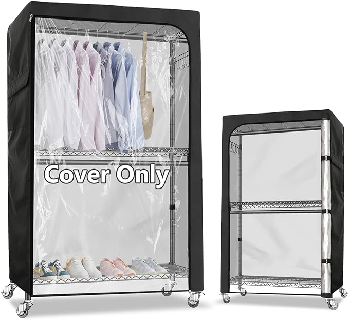 Rileytee Garment Rack Cover,600D Heavy Duty Waterproof Clothing Rack Cover,Clothes Rack Cover with Zipper for Metal Garment Rack（Clear Front,47.2"W x 17.7"D x 80.7"H,Cover Only)
