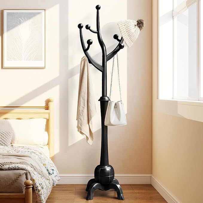 Wooden Coat Rack Freestanding with 8 Hooks, Heavy Duty Coat Hanger Stand with Stable Base, Vintage Coat Tree Standing Coat Racks for Entryway, Hallway, Bedroom (Black)