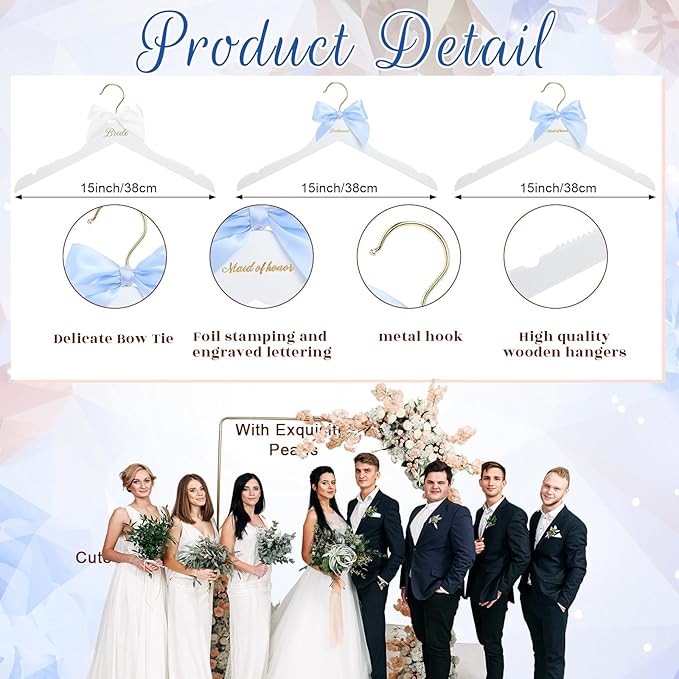 Bride Bridal Bridesmaid Hanger with Maid of Honor White Wooden Wedding Dress Hanger with White Bow and Pink Blue Bow for Bridal Party Shower Wedding Gift(Blue)