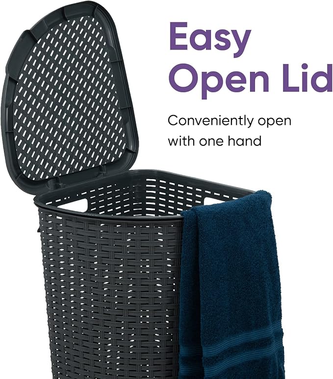Plastic Corner Laundry Hamper with Lid, Curved Designed Laundry Basket, Triangle Grey Cloths Hamper Organizer with Cut-out Handles for Laundry Room Bedroom Bathroom, Wicker Design, 50 Liter