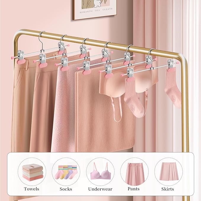 Pants Hangers with Wide Clips 50 Pack Adjustable Skirt Hangers for Women Non-Slip Clothes Hanger for Pants Heavy Duty Space Saving Trousers Hanger for Jeans,Shorts Pink,12Inch