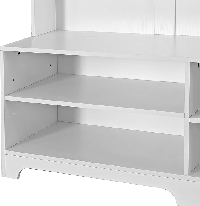 4-in-1 Wide Hall Tree with Shoe Bench, Coat Rack, Shoe Storage, Storage Shelves and Pegboard, Wood Entryway Coat Hanger for Hallways Halls Living Room (White-757)