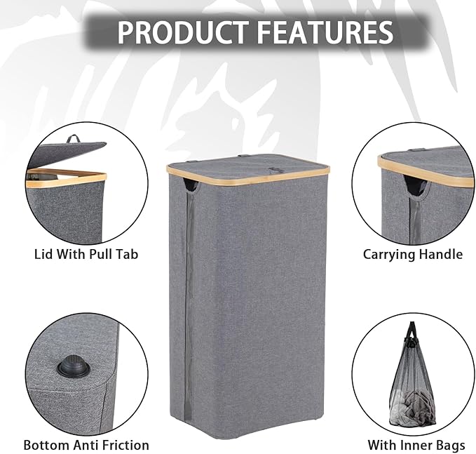 100L Laundry Basket with Lid, Clothes Hampers for Laundry with Bamboo Handles Large Foldable Laundry Hamper with Removable Inner Bag for Laundry Room, Bathroom, Bedroom and Dorm - Grey