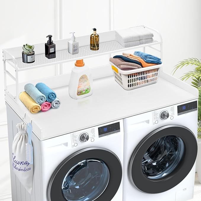 VEVOR Washer Dryer Countertop with 2-Tier Shelf, 54" x 27" Wooden Washer and Dryer Countertop with Anti-Slip Pads, Water-Resistant Laundry Topper Cover for Laundry Room Organization and Storage, White