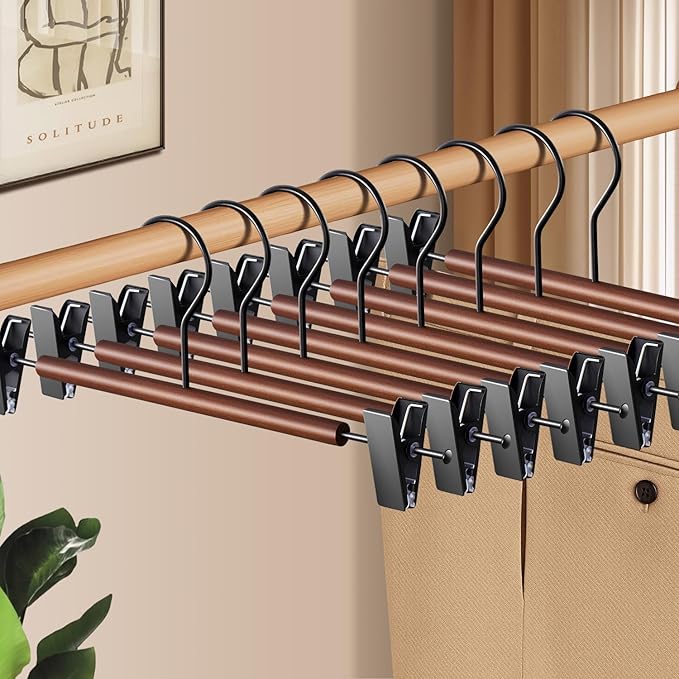 Wooden Pants Hangers with Clips 14Inch 20 Pack Adjustable Wood Skirt Hangers for Women&Men Space Saving Closet Non Slip Clothes Hanger for Jeans,Trousers,Short,Brown
