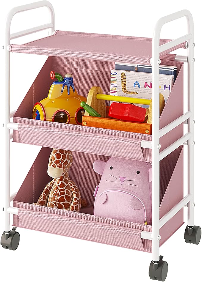 Buzowruil Utility Rolling Fabric Storage Rack Trolley Toy Cart Trolley with 2 Large Storage Boxes,Wheels, Suitable for Bedroom, Living Room, Entryway, Pink