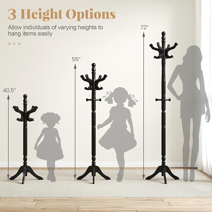 Tangkula Coat Rack Freestanding, Solid Rubber Wood Coat Tree with 11 Hooks and 3 Height Options for Coats, Hats, Bags, Purses, Clothes, Hanger Stand for Entryway Hallway Bedroom Office (Black)
