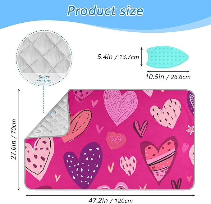 Ironing Mat Portable Ironing Pad Ironing Blanket for Table Top Heat Resistance Double-Side Using Travel Large 47.2 x 27.6 Inch Foldable Lightweight Hot Pink Doodle Hearts Stars Valentines