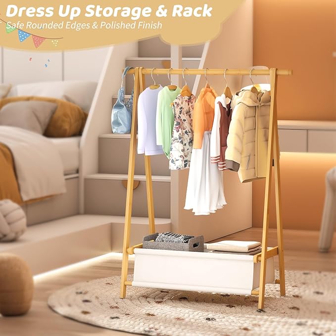 Dress Up Rack - Clothing Rack with Storage Box, Dress Up Storage, Small Foldable Bamboo Garment Stand with Hanging Rods, Dress Up Holder