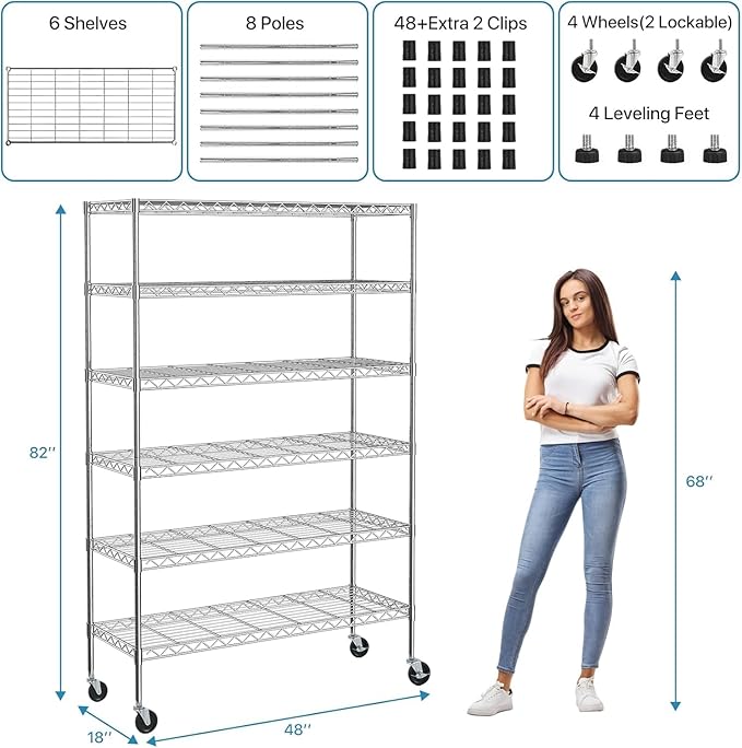 YRLLENSDAN 6 Tier Shelf Heavy Duty Metal Shelving Unit with Wheels, Adjustable Wire Storage Shelves 2100LBS Capacity, Garage Shelving for Pantry, Kitchen, Closet, Chrome, 18" D x 48" W x 82" H