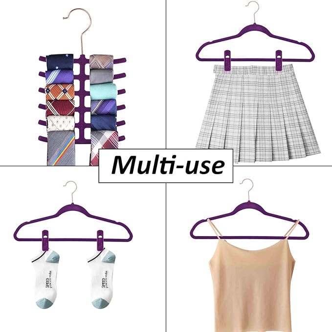 VECELO Premium Velvet Clothes Hangers Suit Heavy Duty (25 Pack)-Non Slip & Space-Saving with 6 Finger Clips & Tie Rack Excellent for Men and Women，Dark Purple