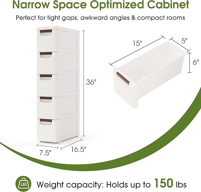 5 Drawers Narrow Storage Cabinet, Slim Bathroom Storage Cabinet, Plastic Rolling Cart Organizer for Small Spaces, Laundry, Office, Home, White