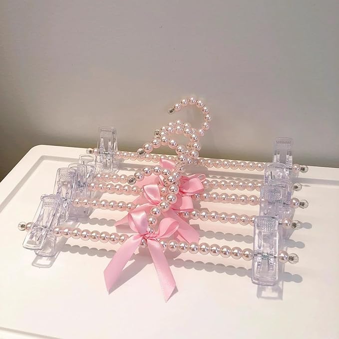 13 inch Pearl Hanger Pants Hangers with Clip,Cute Ribbon Bow Hanger Clip Hangers for Wedding Dress Bride Bridesmaid Lingerie (5, Pink)